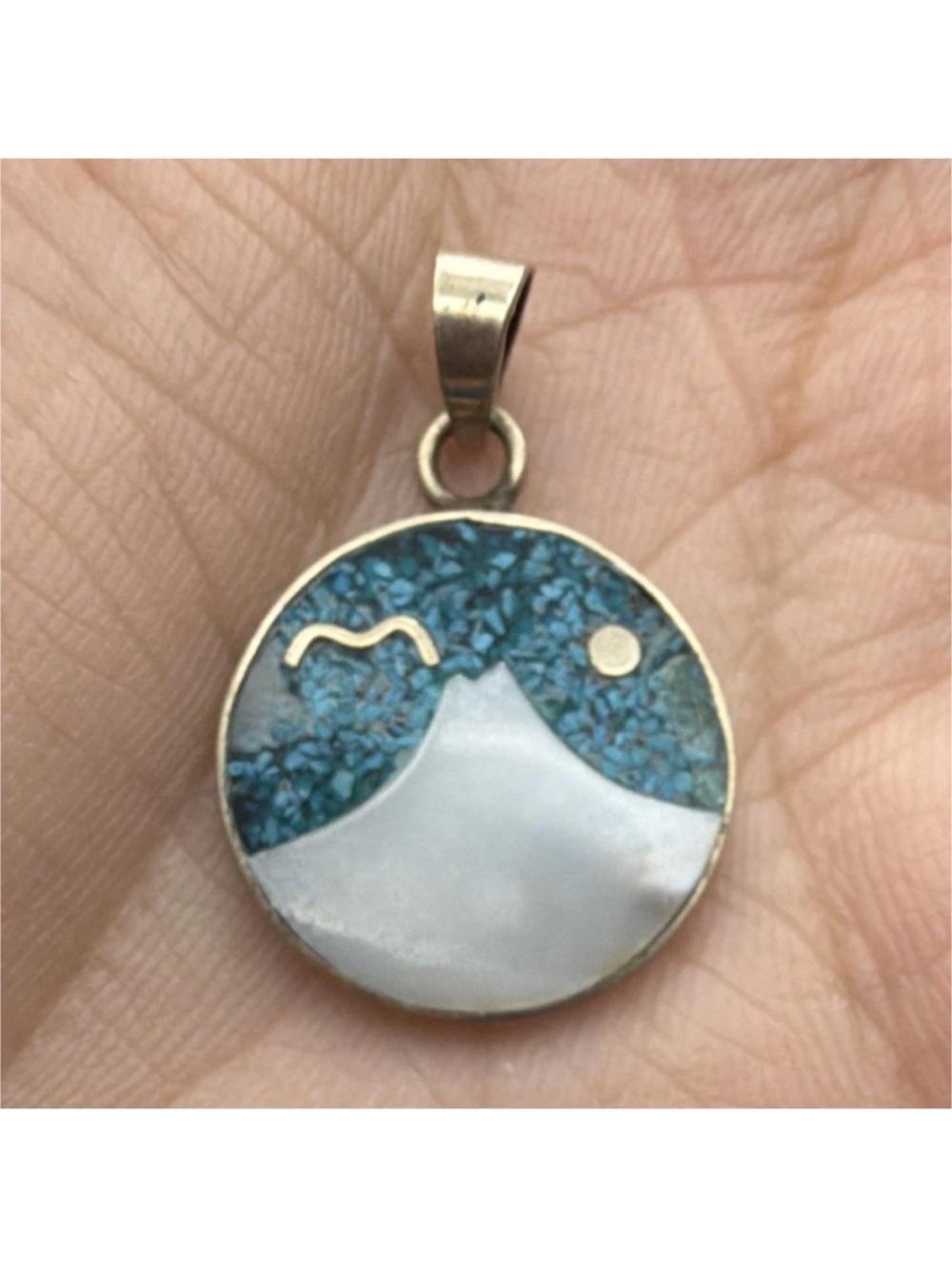 Mexican Alpaca metal  Blue and White Mountain Inlay Pendant Necklace - Women's